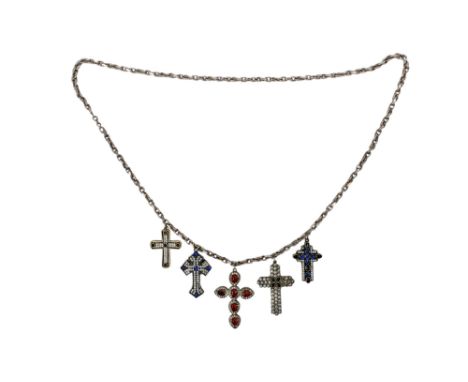 A white metal cross - set with blue and white rhinestones and stamped 925, on a white metal chain with four further crosses.