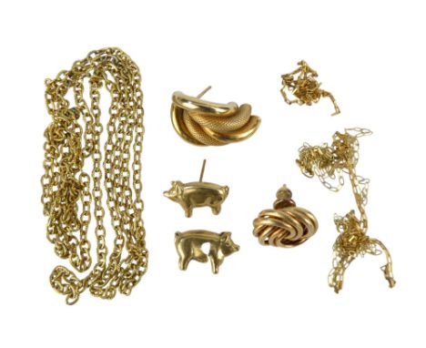A length of yellow metal chain - possibly 9ct, 73cm long, together with two further lengths of chain, two single ear studs an