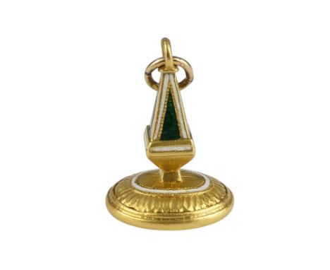 A rare French intaglio fob - probably high carat gold, decorated with green and white enamel, the matrix engraved with a leaf