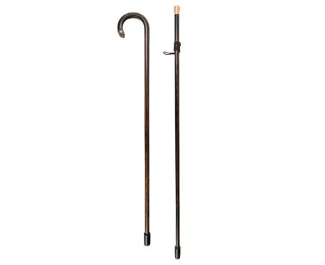 A 9ct gold topped walking cane - London 1920, fitted to a tropical hardwood shaft, 88cm long, together with a silver tipped c