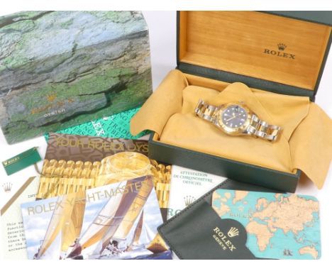 Rolex Yachtmaster mid-size wristwatch - with a blue dial on a bi colour Oyster bracelet, model 16628, no. T747952, with boxes