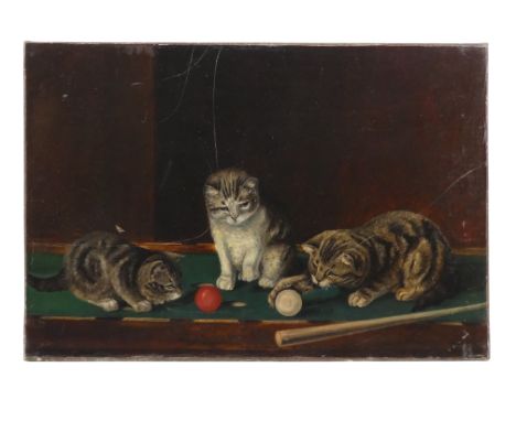 19th Century English School Kittens And Bar Billiards Oil on canvas Picture size 38 x 56cm