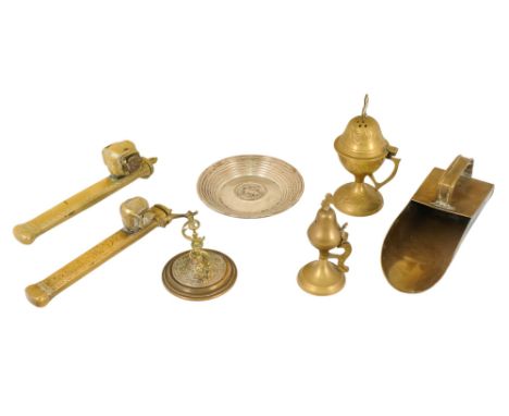 A Persian brass travelling scribes qalamdan - engraved with flowers and foliage, 19cm long, together with another similar and