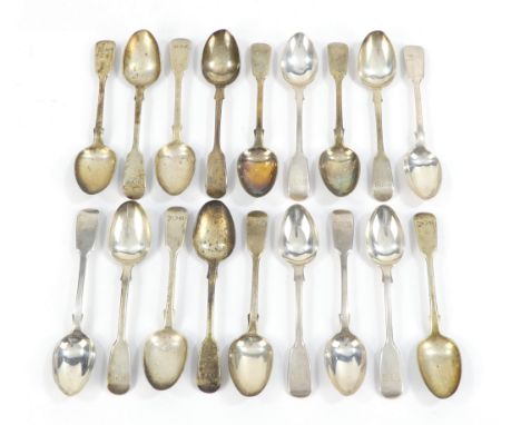 A flatware service of tea spoons - Victorian, various dates 1841 and 1872, Old English Fiddle pattern and engraved with initi
