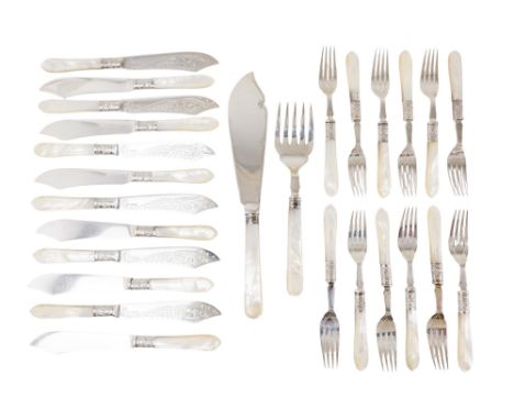 A set of silver fish eaters for twelve place settings - Sheffield 1882, with mother-of-pearl handles, together with a pair of