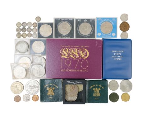 A collection of post-decimal crowns - Silver Jubilee, Royal weddings etc. together with a 1970 commemorative coinage set and 