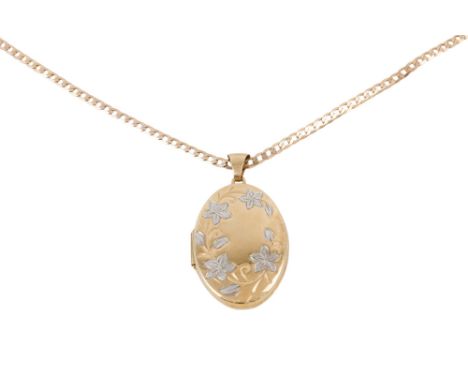 An oval locket - engraved with flowers and on a 9ct gold belcher fine link chain, 9g.