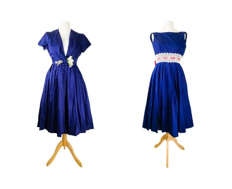 A vintage summer dress - by California Cottons, blue with a white lace band incorporating a pink ribbon, approx size 14, toge