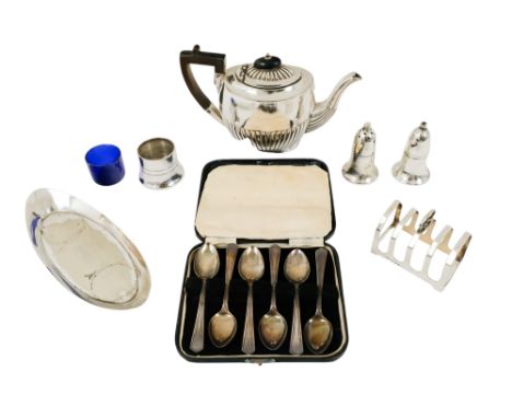 A silver five division toast rack - Birmingham 1933, together with a boxed set of six teaspoons, 141g and a silver plated bac