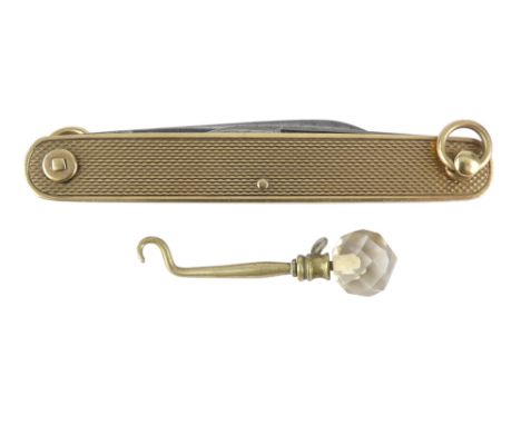 A 9ct gold faced pen knife - London 1941, engine turned with suspension loops at either end, 17.2g all in, together with a bu