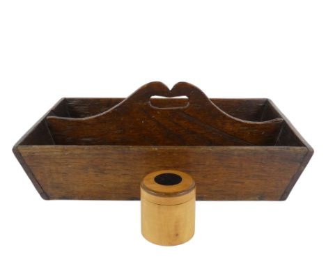 A 19th century oak cutlery tray - of two divisions with a central pierced handle and tapering sides, 32cm wide, together with