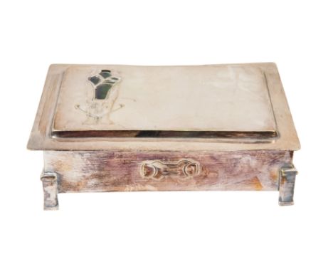 An Art Nouveau style silver plated jewellery casket - rectangular with enamel panel to the cover, 17cm wide.