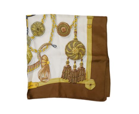 Hermes, ' Frontaux Et Cocardes' silk scarf designed by Caty Latham - circa 1968, in a bronze colourway, 90 x 90cm.