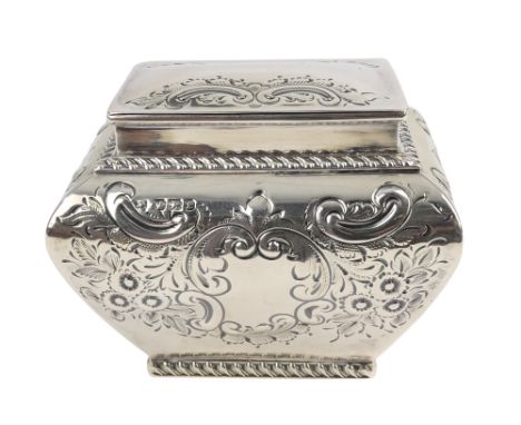 A silver tea caddy - Sheffield 1897, Henry Wigfull, decorated with foliate repousse, 116g.