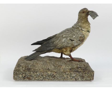An Austian late 19th century cold painted bronze of a pigeon - in the manner of Bergan, formerly an inkwell, the bird with a 