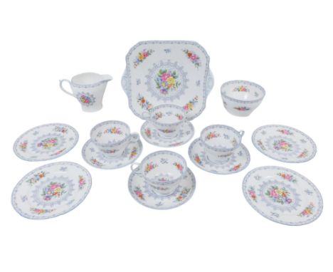 A Shelley 'Crochet' pattern part tea service - comprising a sandwich plate, four side plates, four cups and saucers, a milk j
