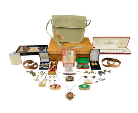 A quantity of costume jewellery - together with a handbag decorated with a butterfly. 