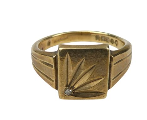 A 9ct gold diamond set signet ring - the vacant matrix engraved with sun burst, size R, 6.3g.