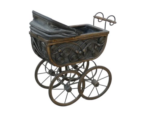 A continental dolls pram - with black wicker basket and cloth hood on a sprung carriage base, 48cm wide.