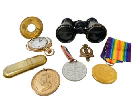 An early 20th century brass lighter - together with a Great War medal, two commemorative medals, a pair of opera glasses and 