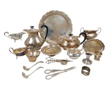 A 20th century silver plated three piece tea service - with ebonised handles and knops, together with a small quantity of sun