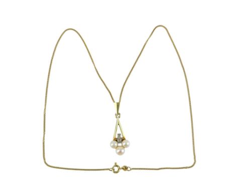 A diamond and pearl pendant - with two stones above three pearls, marked as 14ct gold, on a fine link chain, 5.7g.