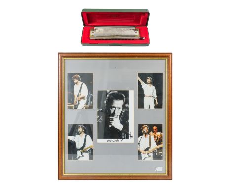 An Eric Clapton photo montage - an arrangement of five images, one signed in black felt pen, 60 x 55cm, together with a Hohne