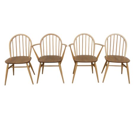 Four Ercol elm and beech chairs - model 365, including two with arms, the arched backs with stick splats above a contoured se