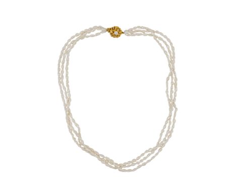 A three row seed pearl necklace - with yellow metal clasp, length 42cm.
