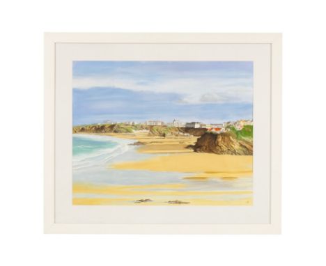 Jan Merrick HORN (British b. 1948) Newquay Bay Oil on board Signed with initials lower right, dated 2021 and titled verso Fra