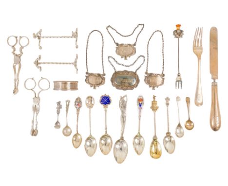 A quantity of silver and white metal commemorative spoons - various 20th century dates, together with three various wine labe