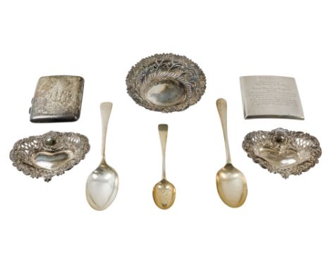 A silver cigarette case - Birmingham 1931, with gilt interior, together with another silver case, three bonbon dishes and thr
