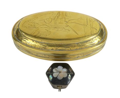 An 18th century Dutch brass tobacco box - of oval form and engraved with figures and foliage, 13cm wide, together with anothe
