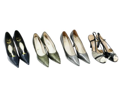 A pair of vintage ladies shoes - navy blue leather, size 7.5, together with three other pairs of ladies shoes. (4)
