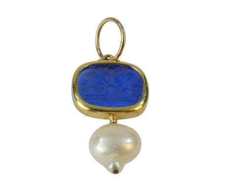 A blue glass intaglio - carved with a classical scene, within a gilt frame and a pearl drop, 6.6g.