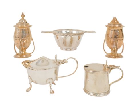 A silver tea strainer - Birmingham 1931, with Art Deco style lugs, with a drip cup, together with cruet items, 344g.