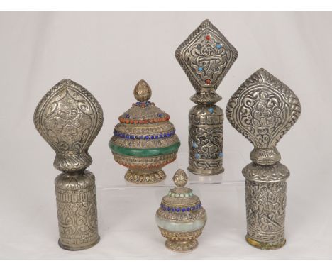 A Middle Eastern white metal circular box - filigree decorated and set with hardstones, together with another smaller and thr