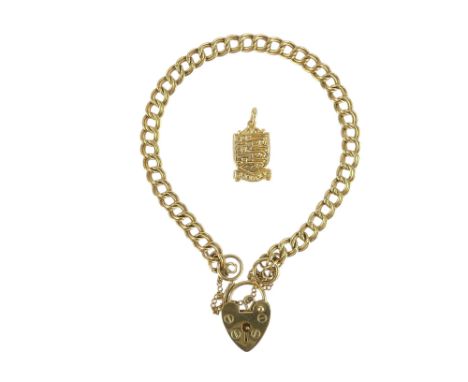 A 9ct gold double link bracelet - with a heart shaped clasp, together with a Jersey shield pendant charm, 9.6g.