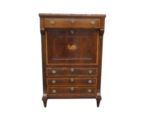 A 19th century French Empire style secretaire abattant - with a marble top above a frieze drawer and fall inlaid with a folia