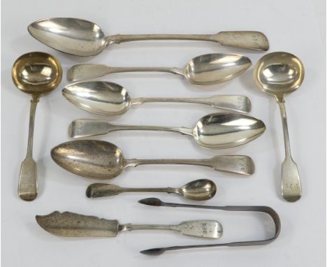 A flatware service of spoons - Georgian and Victorian, various dates 1804, 1814 and 1841, Old English Fiddle pattern and engr