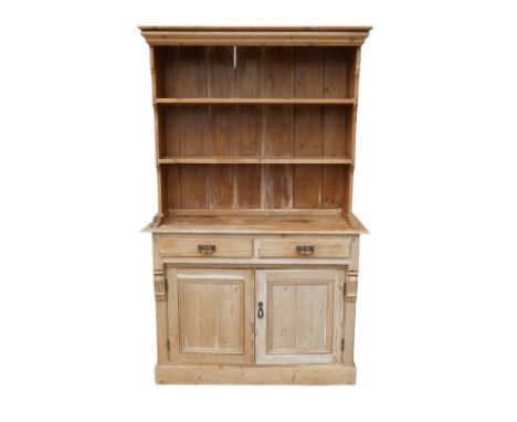 A 19th century pine dresser - the raised back with moulded cornice and two shelves, the base with a pair of drawers above pan