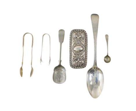 A Georgian silver table spoon - London 1809, with bright-cut engraving, together with a pair of sugar nips and a silver toppe