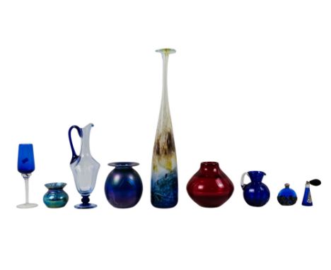 A small quantity of contemporary glass - including a bottle with extended neck, two iridedcent vases and a red glass vase, (q