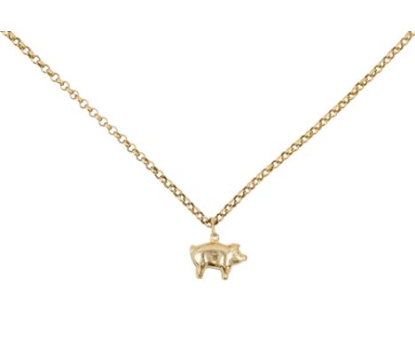 A 9ct gold pig pendant - on a fine 9ct gold chain, 3.2g.