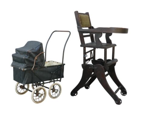 A mid 20th century dolls pram - black rexine, together with a child's high chair. (2)
