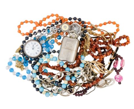 A quantity of costume jewellery - mostly necklaces, together with a silver cased pocket watch and a hardstone set shamrock br
