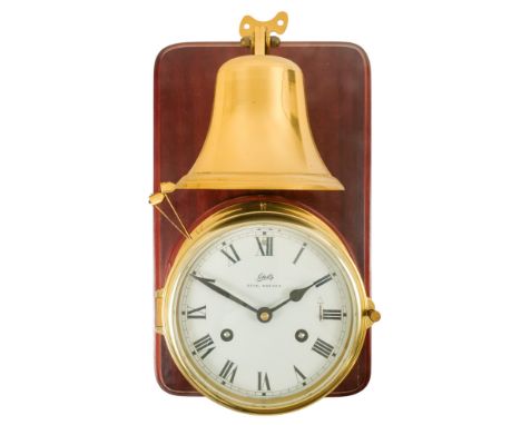 A mounted Schatz Royal Mariner brass bulkhead clock - the white enamel dial set out in Roman numerals and striking a bell mou