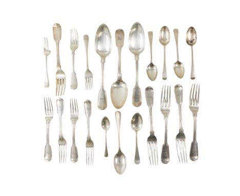 A mixed quantity of silver flatware - various forks and spoons, including four table forks, London 1886, and four matching de