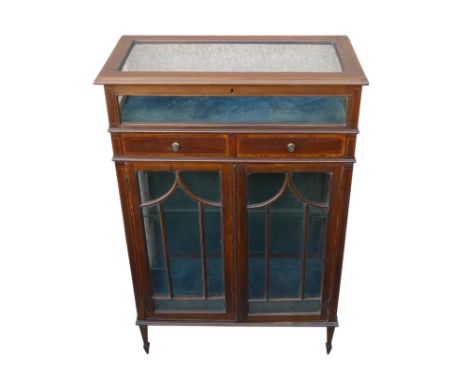 An Edwardian mahogany bijouterie display cabinet - the rectangular hinged top incorporating three glass side panels above two