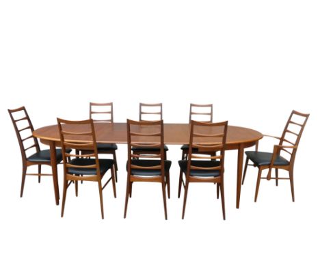 Niels Koefoed for Koefoed Hornslet Mobelfabrik - a set of eight teak 'Lis' rail back dining chairs with black leatherette sea